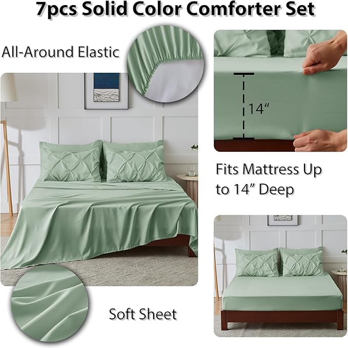 CozyLux King Size Comforter Set Sage Green, 7 Pieces Pintuck Bed in A Bag Green Comforter King Size, Pinch Pleat Bedding Set with All Season Comforter, Sheets, Pillowcases & Shams