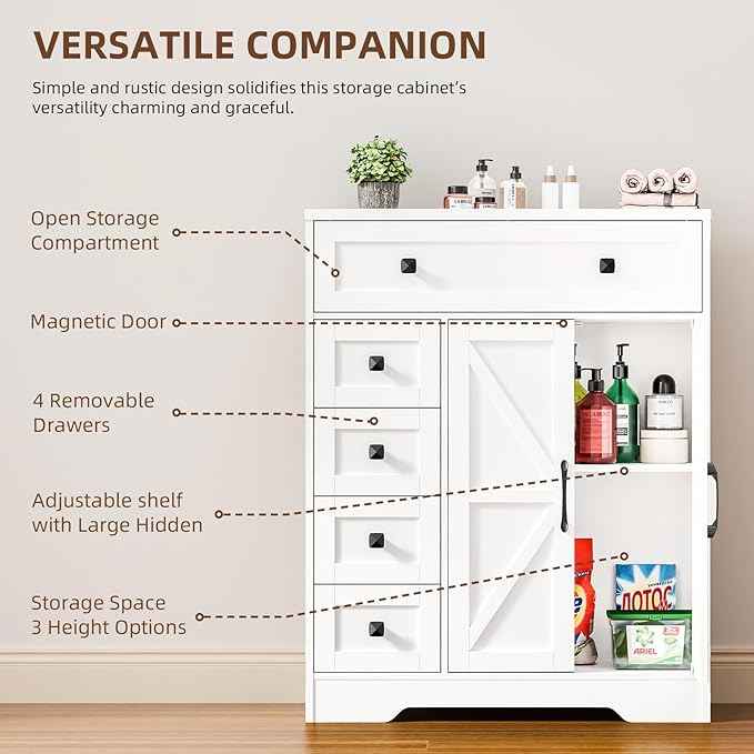 Vabches Farmhouse Storage Cabinet with 2 Doors and 5 Drawers, Freestanding Bathroom Cabinets Kitchen Pantry, Floor Storage Cabinet Hutch Cupboard for Living Room/Bathroom/Kitchen.White