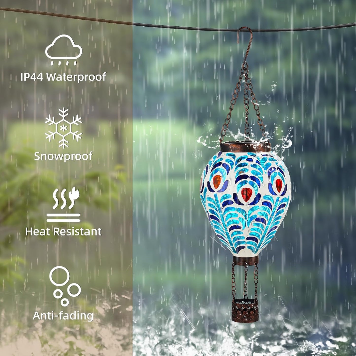 VOREEN Hot Air Balloon Solar Lantern, Mosaic Solar Outdoor Hanging Wind Light, Waterproof, Patio Festive Decor, Gift for Mom Wife Friend, Peacock Feather Design