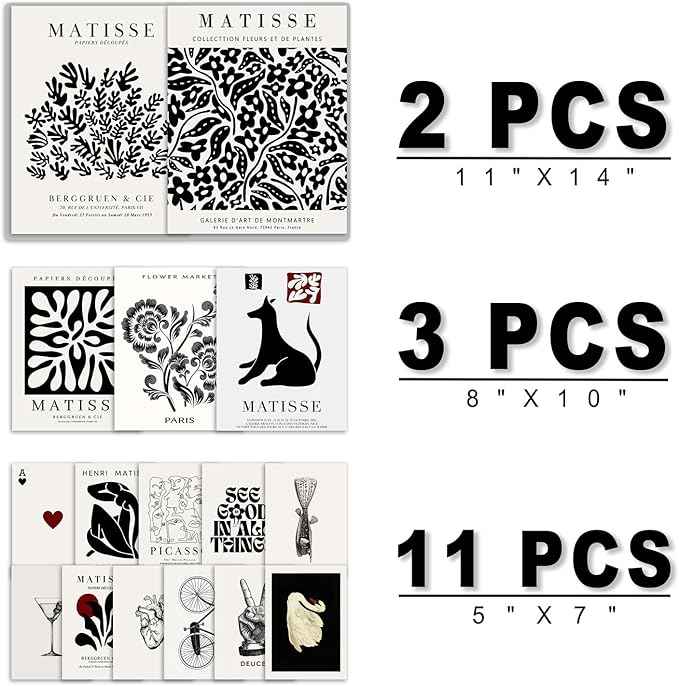 16 PCS Black and White Wall Art Decor, Matisse Abstract Gallery Wall Prints for Bedroom, Minimalist Posters for Living Room Aesthetic, Collage Kit Pictures, Dorm Home Decor