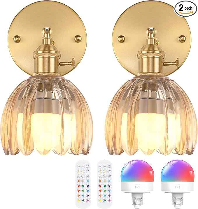 Vintage Battery Operated Wall Sconce with Amber Tulip Glass Lampshade Rechargeable Battery Powered Wall Light with Remote Control for Bedside Bedroom Doorway, Set of 2