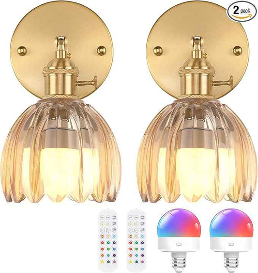 Vintage Battery Operated Wall Sconce with Amber Tulip Glass Lampshade Rechargeable Battery Powered Wall Light with Remote Control for Bedside Bedroom Doorway, Set of 2