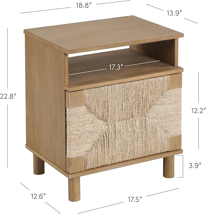 Nathan James Beacon Wood Nightstand, Bohemian Accent Table or Sofa Side Table with Seagrass Door for Bedroom or Living Room, Light Brown
