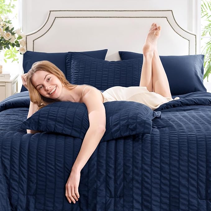 CozyLux Oversized King Comforter Set Navy Blue Seersucker 7 Pieces Bed in a Bag King Comforter Set with Sheets, Luxury Soft Bedding Set with Down Alternative Comforter, Sheets, Pillowcases & Shams