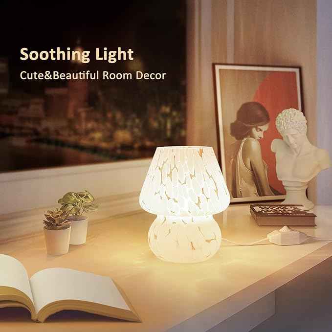 ONEWISH Mushroom Lamp Small Bedside Table Lamp-Nightstand Nightlight Dimmable Stepless, Translucent Glass White Desk Lamp for Bedroom Dorm Living Kitchen, Murano Style Aesthetic Cute Home Decor