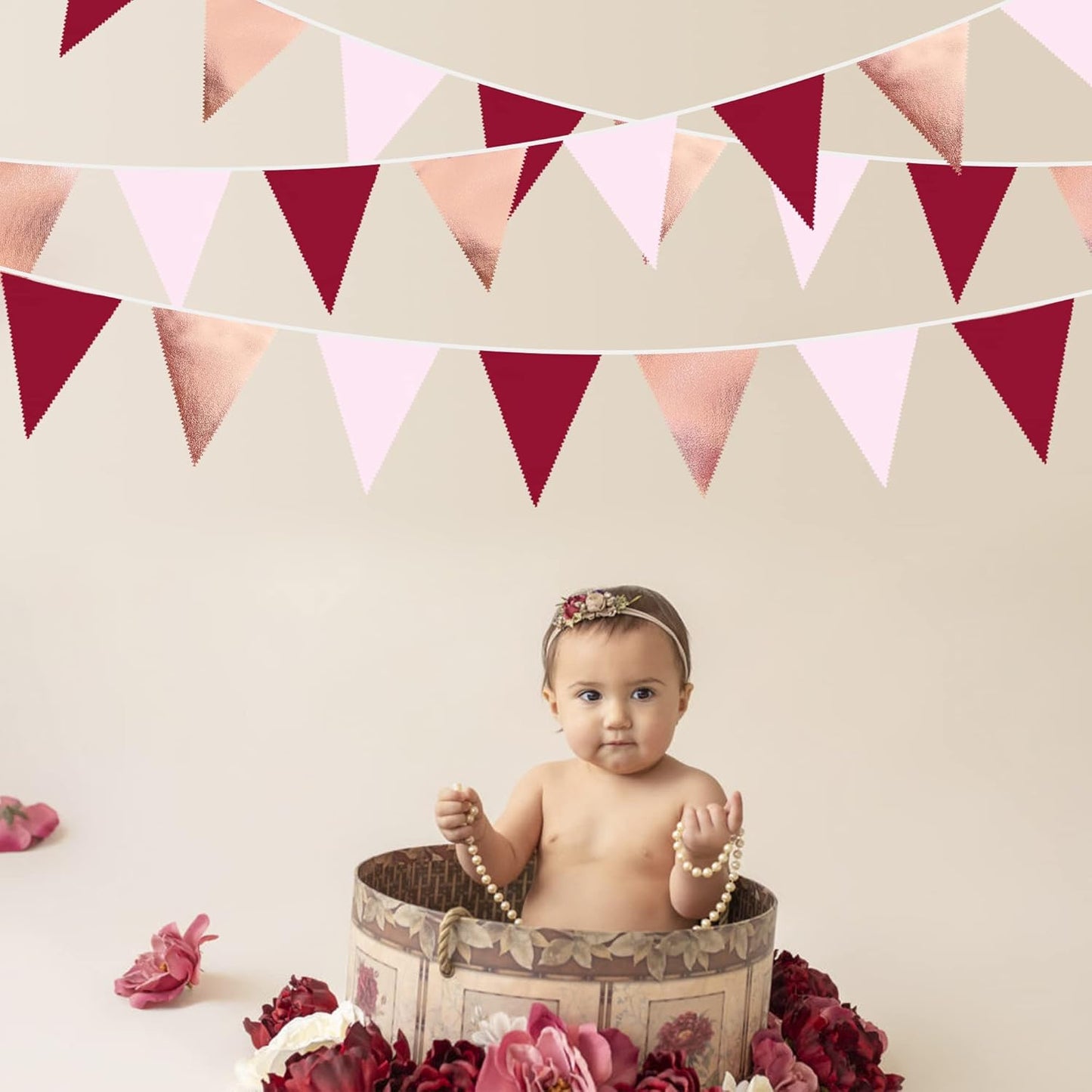 Burgundy Party Decorations Rose Gold Maroon Pink Fabric Triangle Pennant Banner Pink Garnet Flag Bunting Garland for Graduation Wedding Birthday Bridal Shower Bachelorette Anniversary Party Supplies