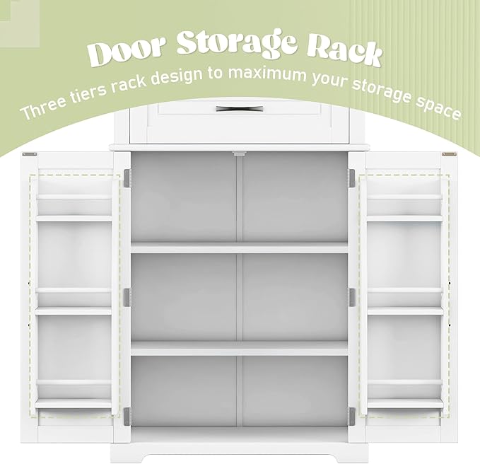 72" Storage Cabinet with Multi-Functional Rack Organizer, Tall Kitchen Cupboard Pantry for Home/Living Room/Office/Bathroom, Adjustable Shelf, White