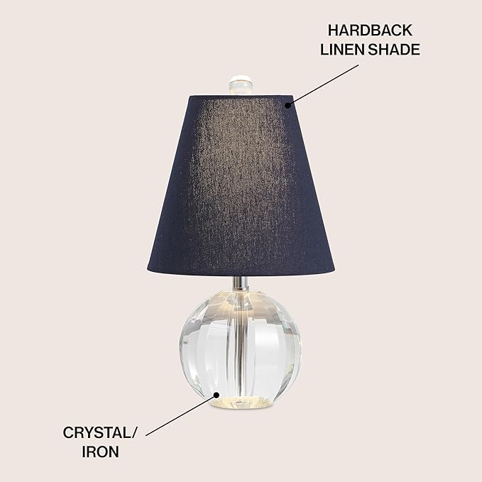 JONATHAN Y JYL2079D 16" Glam Crystal Ball Table Lamp, Modern Bedside Nightstand Lamp for Bedroom Living Room Office, Clear Glass Orb with Navy Linen Shade and Chrome Accents, LED Bulb Included