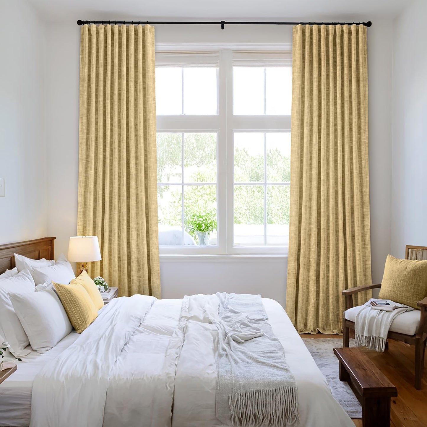 MIULEE Yellow 100% Blackout Linen Curtains 120 Inch 2 Panels Set Double Sided No Coating Pinch Pleated Back Tab Black out 10 FT Extra Long Thermal Insulated Bedroom Living Room Darkening Window Drapes