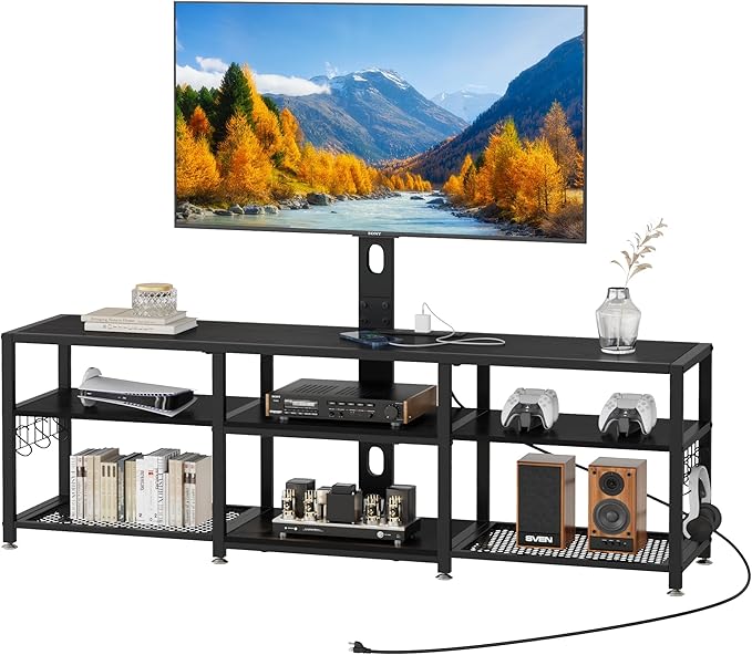 VECELO TV Stand with Mount and Power Outlets, Entertainment Center for 55/60/65/70/75 inch TVs, Height Adjustable Media Console with Storage Shelves, for Living Room, Bedroom, Black
