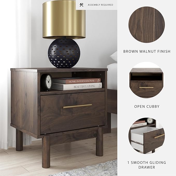 Signature Design by Ashley Calverson Modern 1 Drawer Nightstand with Open Cubby, 21.18" Tall, Dark Brown
