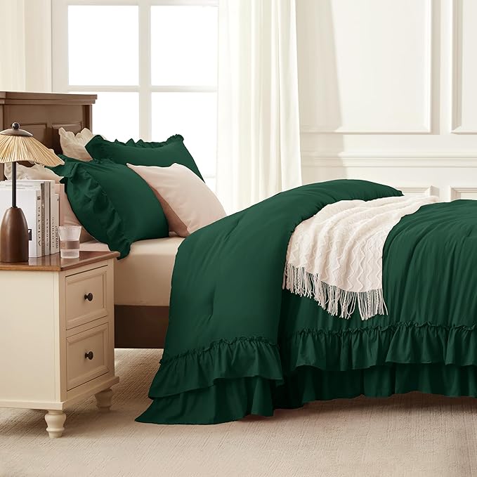 Andency Dark Green Comforter Set Queen Size, Lightweight Fluffy Farmhouse Ruffle Bedding Set, Soft Microfiber All Season Shabby Chic Bed Comforter Set 3 Pieces(1 Comforter 2 Pillowcases)