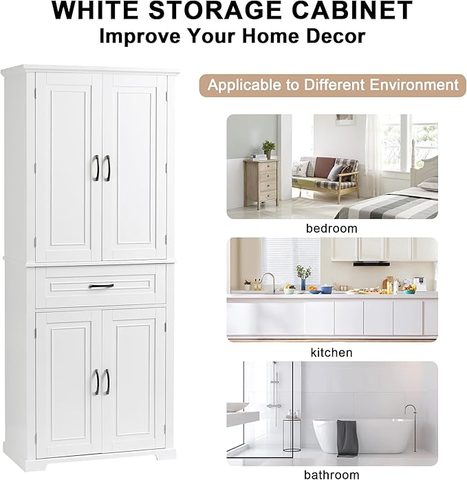 72.2" Storage Cabinet with Doors and Drawers, Tall and Wide Kicthen Pantry Cupboard Home Display Organizer with Door Shelf Rack for Bathroom, Adjustable Shelf, White