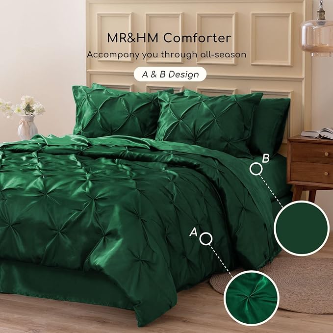 MR&HM Satin Comforter Full 7 Pieces - Luxurious Pinch Pleat Bedding Set with Comforter, Flat Sheet, Fitted Sheet, Pillowcases & Shams, Super Silky Soft Bed Set for All Season (Full, Dark Green)