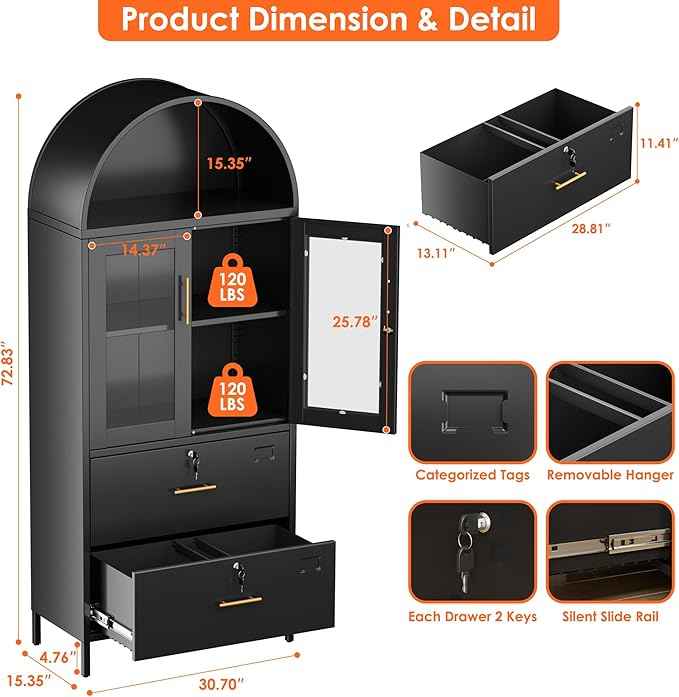 Tall Black Arched Bookcase, Metal Arched Bookshelf with 2 File Drawers and Locking Glass Doors,Assemble Required