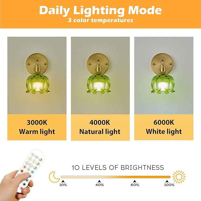 PASSICA DECOR Vintage Battery Operated Wall Sconces Set of 2 - Wireless Remote Control LED Wall Lights, Rechargeable USB-C, Dimmable 15 Colors, No Wiring, Green Glass Shade for Bedroom Kitchen Cafe
