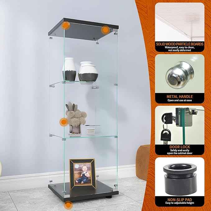 Beauty4U One-Door Glass Display Cabinet, Black Curio Cabinets for Living Room, Bedroom, Office, Collection Display, Quick Installation in 30 Mins, 3 Shelves Black Floor Standing Glass Bookshelf