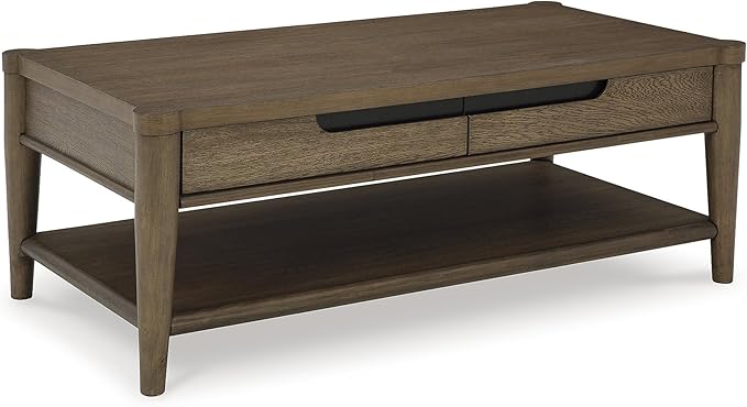Signature Design by Ashley Roanhowe Contemporary 2-Drawer Coffee Table with Open Lower Shelf and Tapered Legs, Dark Brown