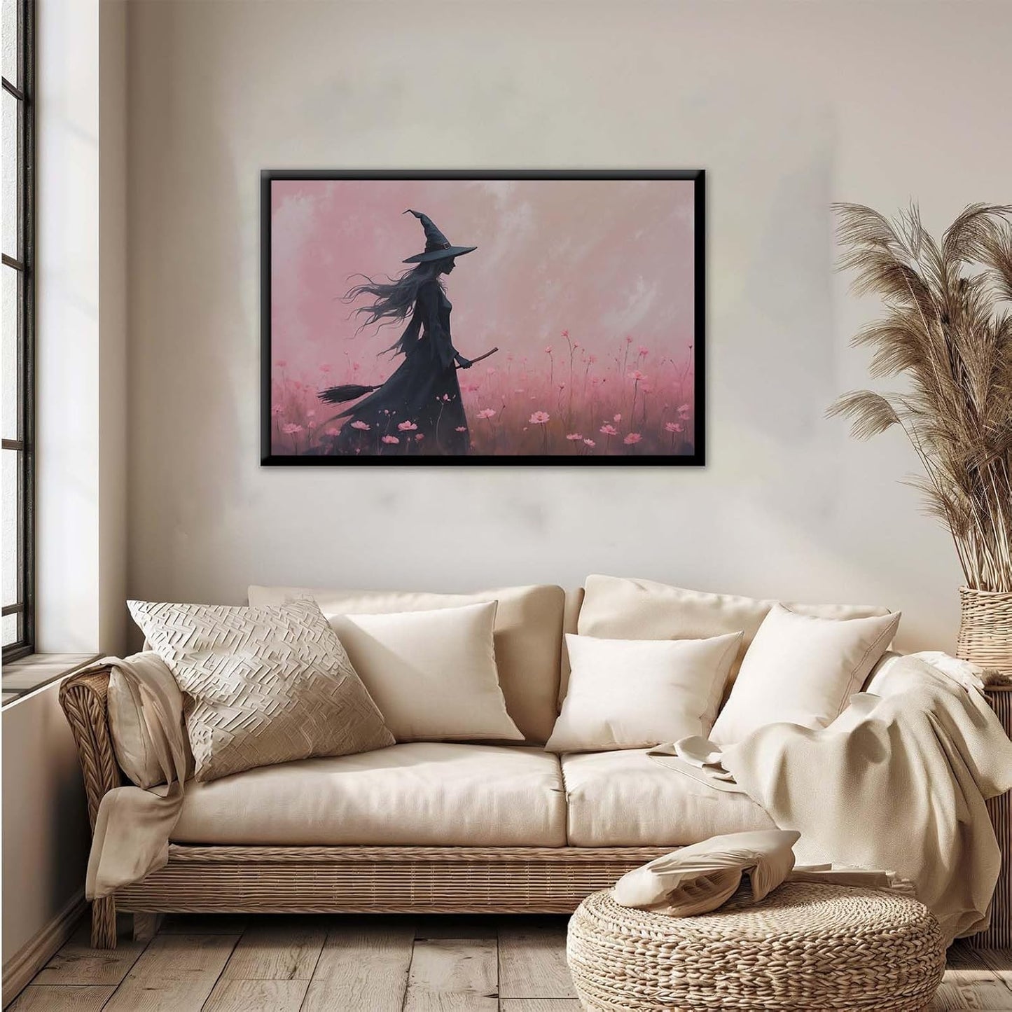 JFHCQJPK Witch in the pink sea of flowers Halloween prints weird flowers wall art silhouette painting fashionable romantic decoration suitable for bedroom24x36in Metal blackFramed