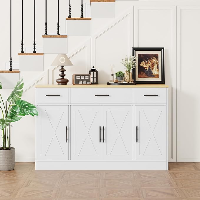 Shintenchi Buffet Cabinet with Storage,53.4" Large Kitchen Storage Cabinet with 3 Drawers and 4 Doors,Wood Farmhouse Buffet Sideboard with Adjustable Shelf for Kitchen Living Room, White