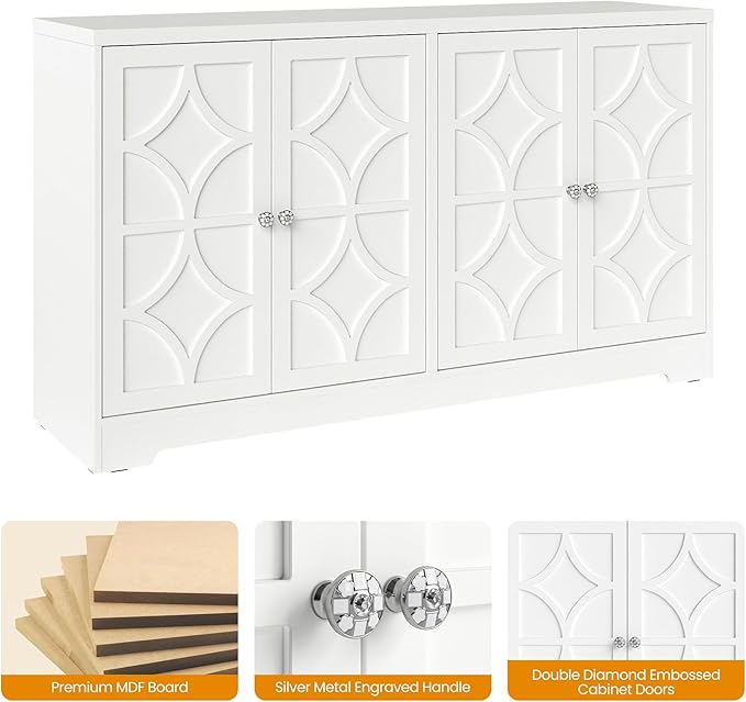 RoyalCraft Sideboard Buffet Cabinet with Storage, 56" Modern Sideboard with 4 Carved Doors and Adjustable Shelves, Large Wood Coffee Bar Console Table for Kitchen, Dining Room, Satin White