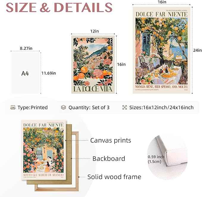 Cyebmo Framed Italy Travel Wall Art set of 3, Trendy Amalfi Coast Wall Decor, Italian Food Wrapped Canvas Artwork, Vintage Italian City Poster Prints for Bedroom Dining Room Living Room 16"x24"x3