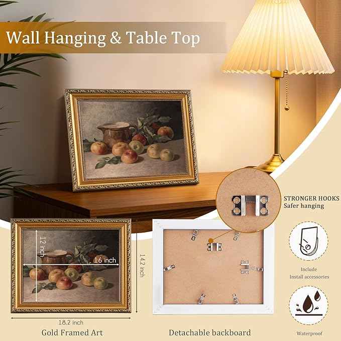 uniro Vintage Gold Framed Wall Art for Home Decor, Farmhouse Wall Decor Apple Still Life Canvas Artwork, Antique Fruit Wall Art Picture, Rustic Kitchen Art Prints Aesthetic Picture for Kitchen, Dining Desktop Decor- 12x16Inch