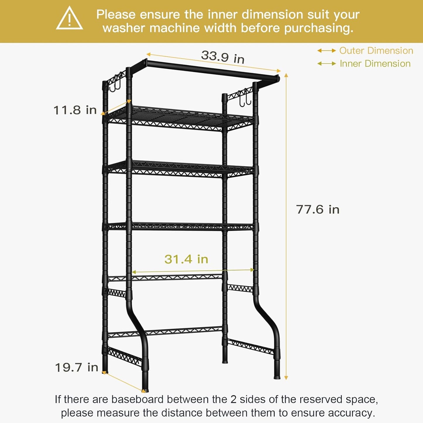 Ulif U11 Over Washer and Dryer Shelves, 3 Tiers Laundry Room Storage and Organizer Standing Shelf, Metal Freestanding Clothes Drying Rack, 33.9" W x 19.7" D x 77.6" H, Black