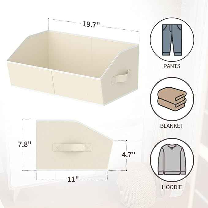 Storage Bins for Shelves - Large Trapezoid Closet Shelf Organizer, Fabric Organization Bins with Handles, Storage Baskets for Clothes, Towel, Purse, 6 Pack, Beige