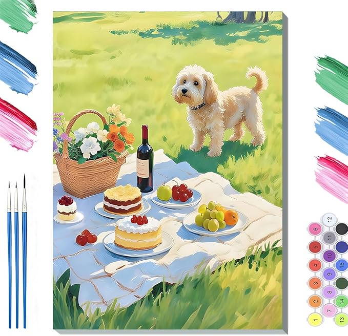 Paint by Numbers Kit for Adults Framed, Summer Picnic with Dog and Desserts, DIY Oil Painting, Pre-Printed Canvas Wall Art Home Decor Gift, 20x24inch Framed, 24 Colors