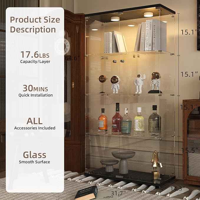 Beauty4U Glass Display Cabinet with Light, 4 Shelves with 2 Doors, Curio Cabinets for Living Room, Bedroom, Office, Black Floor Standing Glass Bookshelf, Quick Installation