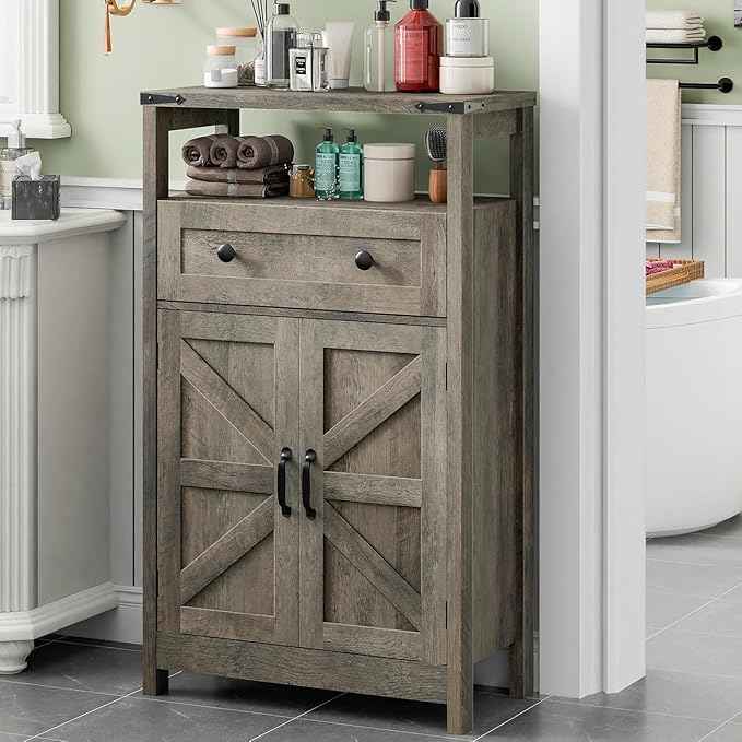 Vabches Farmhouse Storage Cabinet with 2 Doors and 1 Dawer - Side Storage Organizer, Small Bathroom Cabinet for Bathroom, Kitchen, Living Room, Rustic Style, Grey