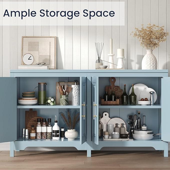 Buffet Cabinet with Storage, 55" Blue Kitchen Storage Cabinet with Shelves, Modern Farmhouse Coffee Bar Station for Dining Room, Kitchen Buffet, Slate Blue