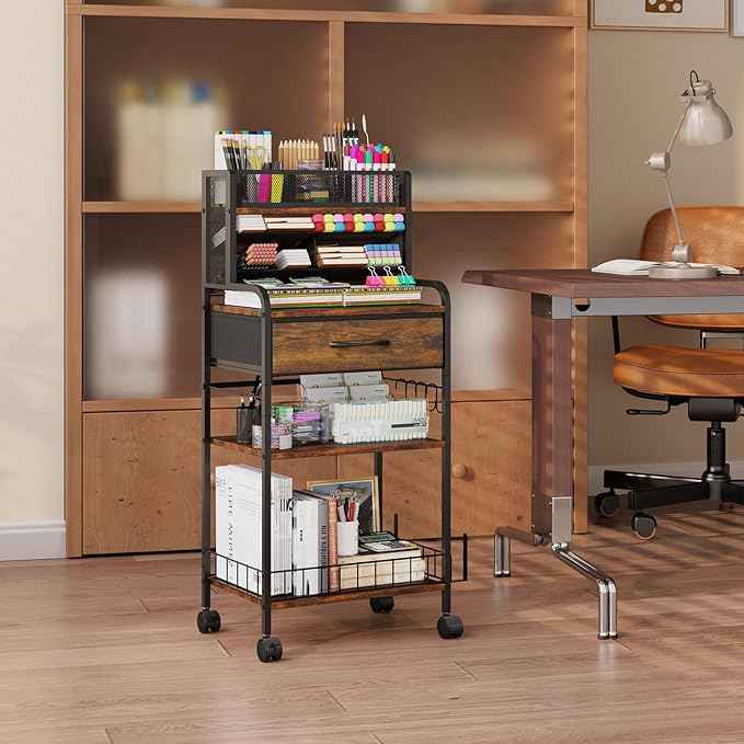 Art cart, 3 Tier Rolling Cart - Utility Cart with Storage Drawer and Wheels, Versatile Art & Craft Organizer for Home, Office, or Studio Ideal for Storing Brushes, Paints （Brown）