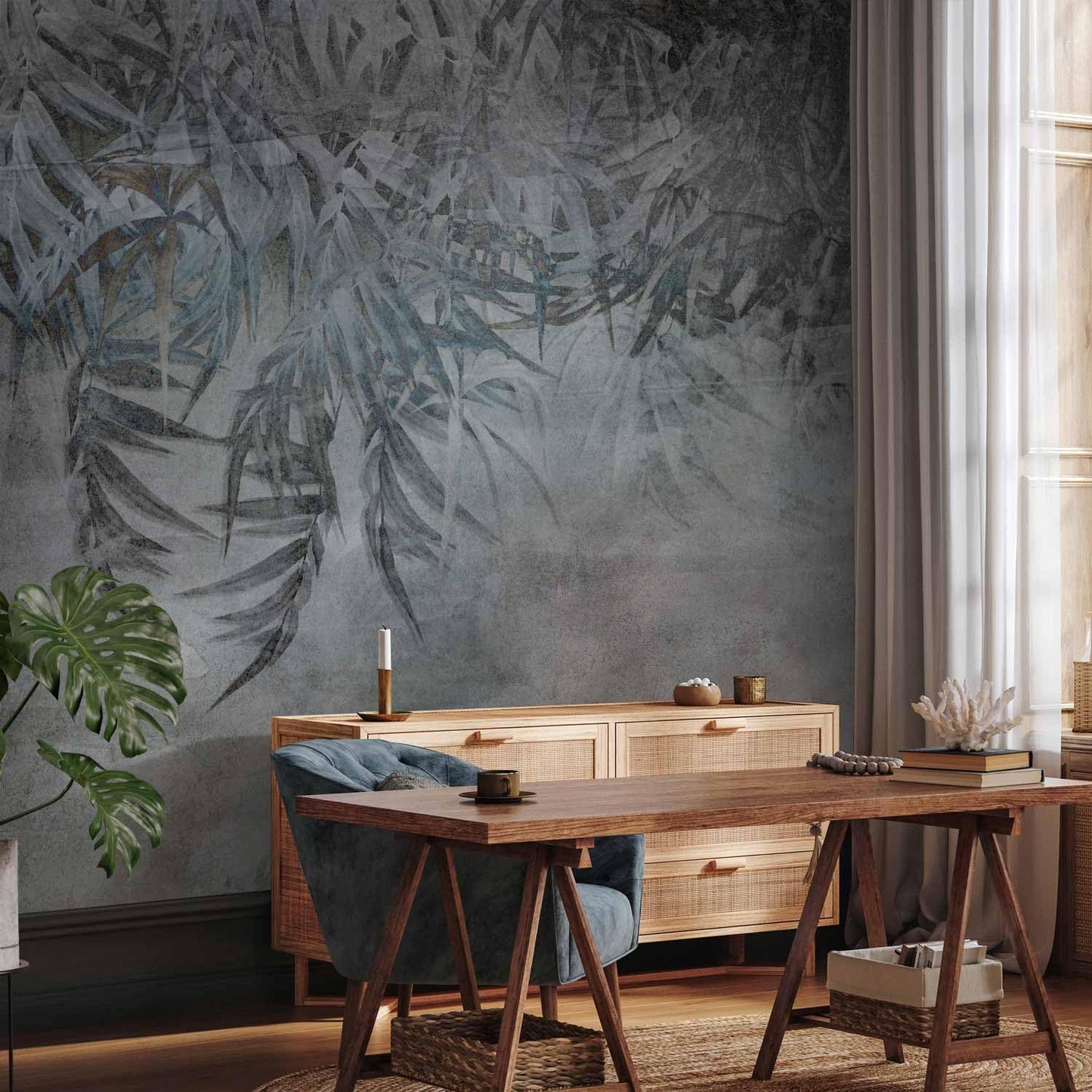 artgeist Wall Mural Leaves 98x69 in - XXL Non-Woven Wallpaper Fleece Wall Decor Photo Print Picture Image Design Palm Leaves Concrete Nature Grey b-C-10103-a-a