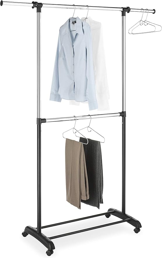 Whitmor Adjustable 2-Rod Garment Rack - Rolling Clothes Organizer - Black and Chrome
