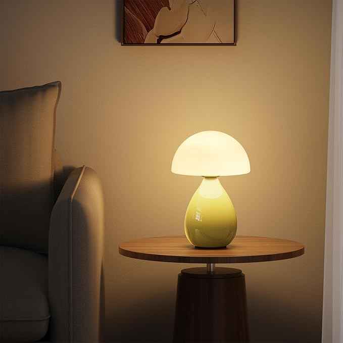 Mushroom Lamp Bedside, Mini Modern Lamp Small Vintage Table Nightstand Light, Small Light Dimmable for Bedroom, Living Room, Ceramic Base Glass Led Home Decor for Woman Children Gift