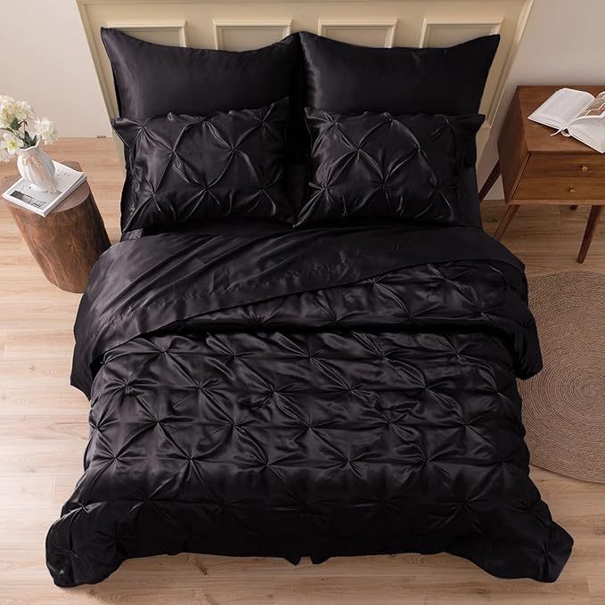 MR&HM Satin Comforter Twin 5 Pieces - Luxurious Pinch Pleat Bedding Set with Comforter, Flat Sheet, Fitted Sheet, Pillowcase & Sham, Super Silky Soft Bed Set for All Season (Twin, Black)
