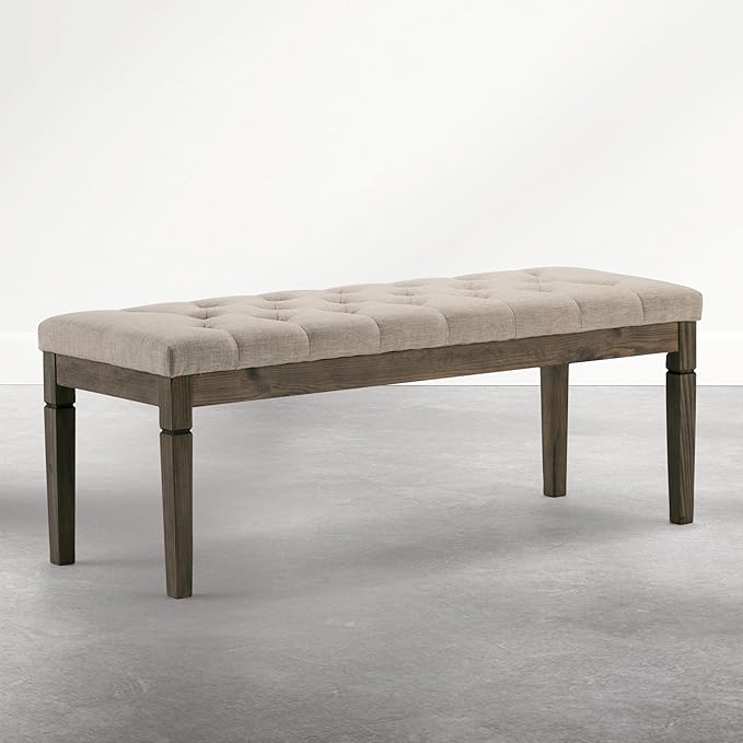 SIMPLIHOME Waverly Tufted Ottoman Bench - 48 inch Wide Upholstered Linen Look Fabric Rectangle Footstool Ottoman in Wheat Beige, Traditional Bench for Entryway or Living Room with Carved Legs