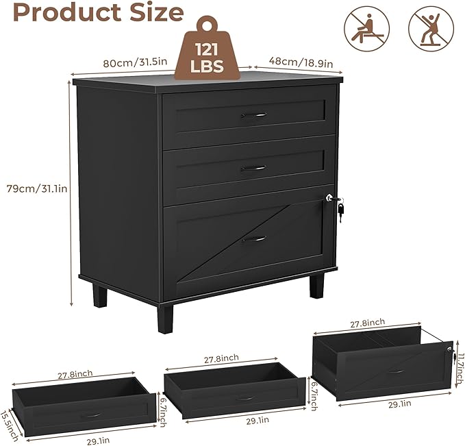 Large Wooden File Cabinet Black 32in Lateral Filing Cabinets 3 Drawer with Hanging File Folders for A4 Letter Legal Wood Office Storage Organizer Furniture Printer Stand