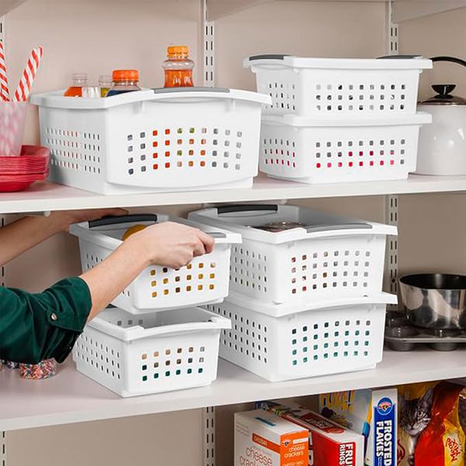 Sterilite 10-Pack Medium Stacking Basket, Open Top Plastic Storage Organizer, White - Stackable Crate Containers for Countertop, Cabinet, Pantry Shelf, Laundry Room, Bathroom & Home Office