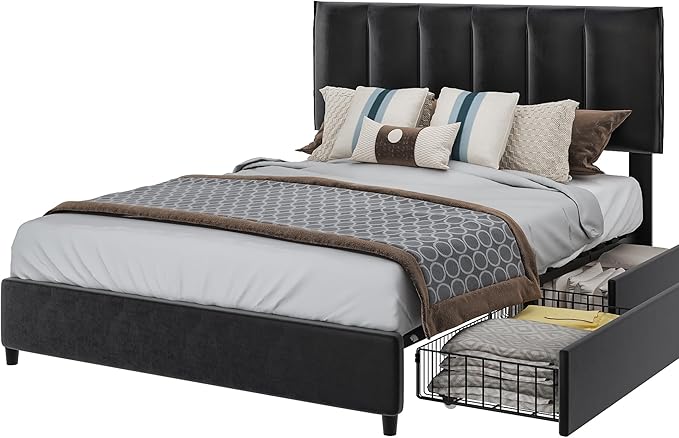 VECELO Queen Size Bed Frame with 4 Storage Drawers, Adjustable Height Headboard, Heavy-Duty Platform Bedframe with Strong Wooden Slats, No Box Spring Needed, Black
