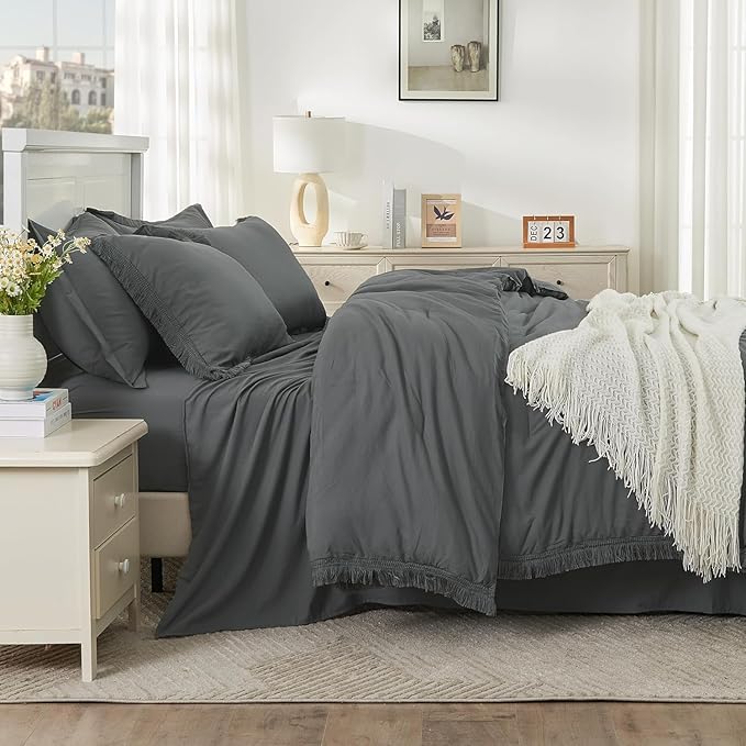 Andency Oversized King Comforter Set with Sheets 128x120 Dark Grey - 7 Pieces Bed in a Bag Boho Soft Lightweight Bedding Sets, Tassel Bed Set with Comforter, Sheets, Pillowcases & Shams