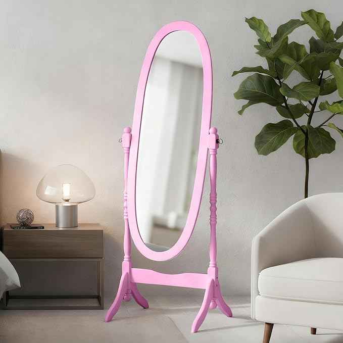 Full Length Mirror with Stand, Vintage Style Wood Floor Cheval Mirror, Traditional Adjustable Free Standing Mirrors Full Length (Pink)