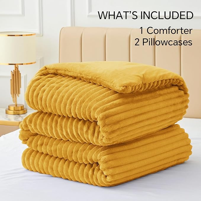 BEDELITE Fleece California King Comforter Set -Super Soft & Warm Fluffy Mustard Yellow Bedding, Luxury Fuzzy Heavy Bed Set for Winter with 2 Pillow Cases