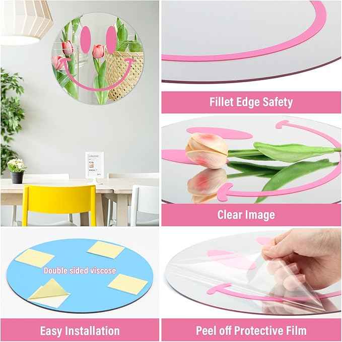 DARENYI Pink Preppy Mirror Circle, 12 inch Smiling Face Aesthetic Mirror for Teen Girls Preppy Room Wall Decor