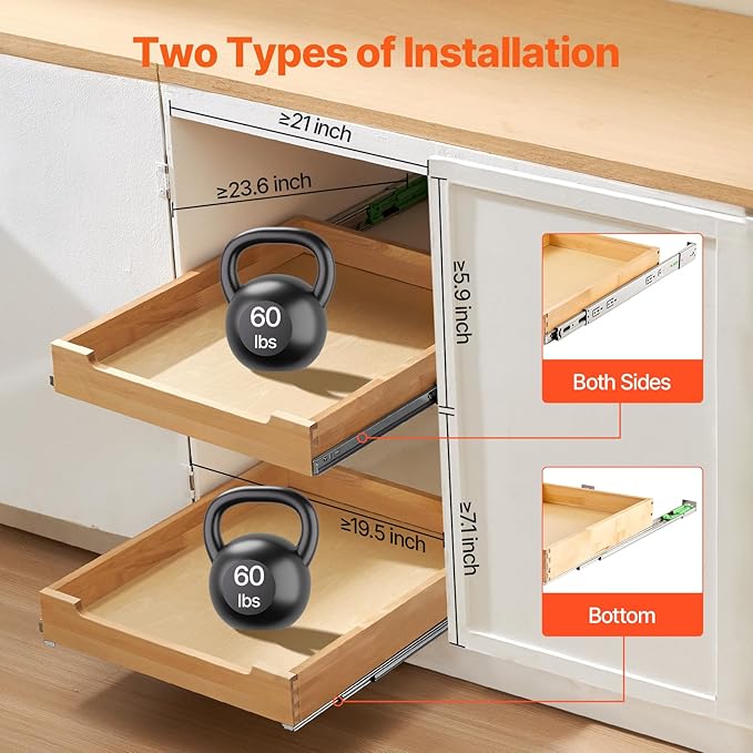 VEVOR Pull Out Cabinet Organizer, 20"W x 21"D Cabinet Drawer, Soft Close Slide out Shelf, Heavy-Duty Sliding Wood Drawer, Bottom and Side Assembly Base Cabinet Organization for Kitchen Pantry Bathroom