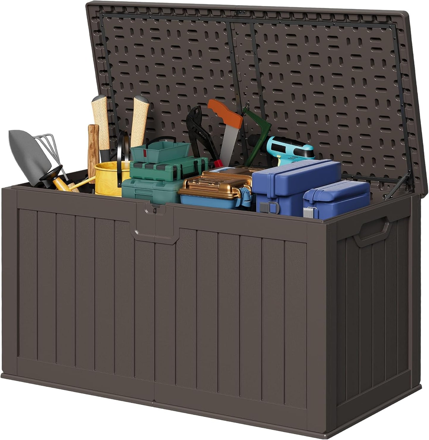 Devoko 240 Gallon Double-Wall Deck Box with Divider, Side Handles, Resin Outdoor Large Storage Box Waterproof and Lockable for Patio Furniture, Garden, Pool (Brown)