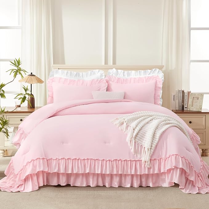 Andency Pink Ruffle Oversized King Comforter Set, Shabby Chic Farmhouse Bedding Sets 3 Pieces, Soft Lightweight Bet Set for All Season (1 Ruffle Comforter 2 Pillowcases)