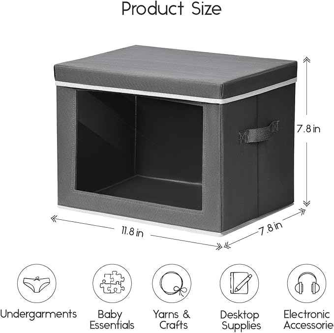 Storage Bins with Lids - Small Fabric Organizers with Window, Collapsible Storage Bins for Clothes, Decorative Closet Organizers for Towels, Tshirt, 4 Pack, Dark Grey